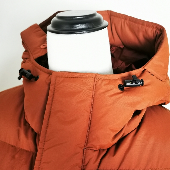 Uniqlo Puffer Jacket sz XS Womens Orange Rust colour duck down Hooded Velcro zip - Picture 10 of 13
